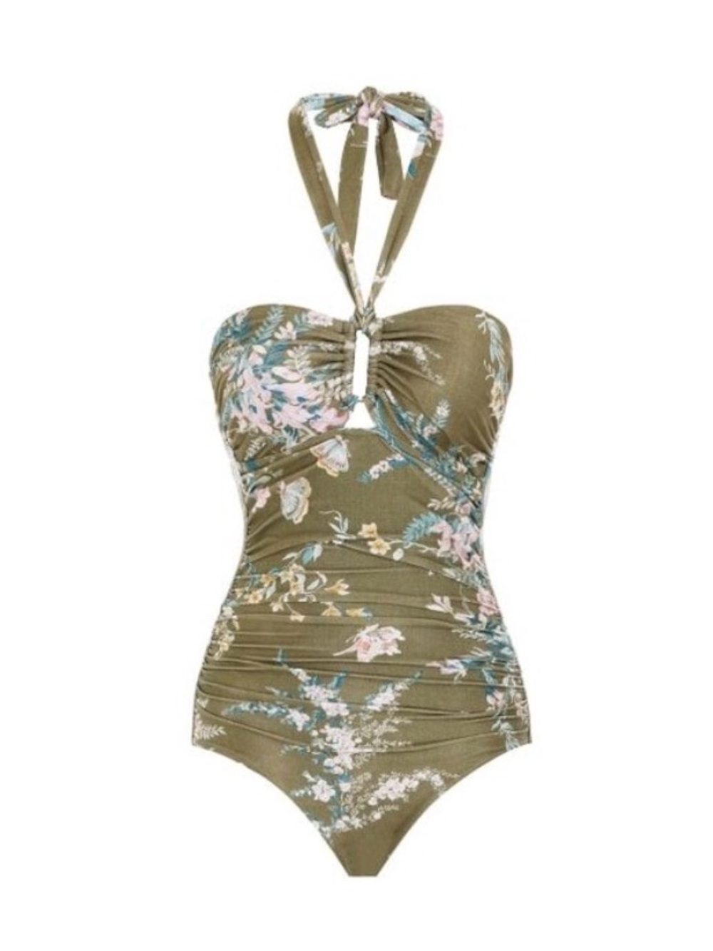 Zimmermann Olive Floral Halter One-Piece Swimsuit